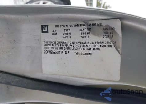 2005 Buick Century из США, поврежденный, VIN 2G4WS52J451161482